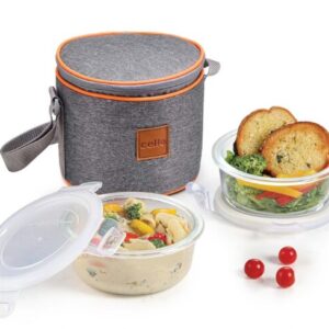 Cello Fit & Fresh Majesty Lunch Box Set of 2 Pcs with Vertical Jacket, Clear | Microwave Safe 2 x 400 ml Round Glass Containers | Leadfree, Leakproof.